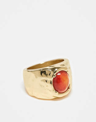 ASOS DESIGN - Breiter Ring mit geschmolzener Optik und bernsteinfarbenem Schmuckstein-Goldfarben