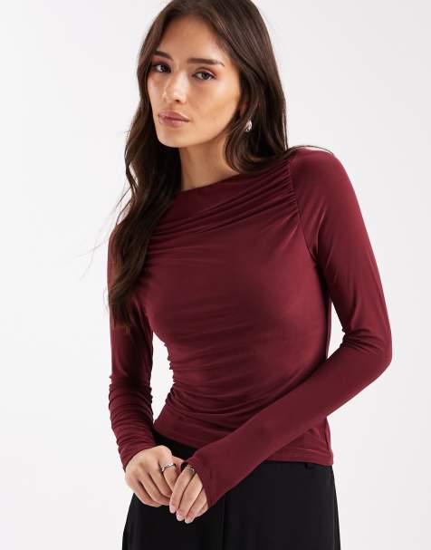 ASOS DESIGN - Bærfarvet tætsiddende top med rynker, bådudskæring og lange ærmer - view 1