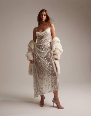 ASOS DESIGN bridal asymmetric bias draped cami midaxi dress in sheer sequin