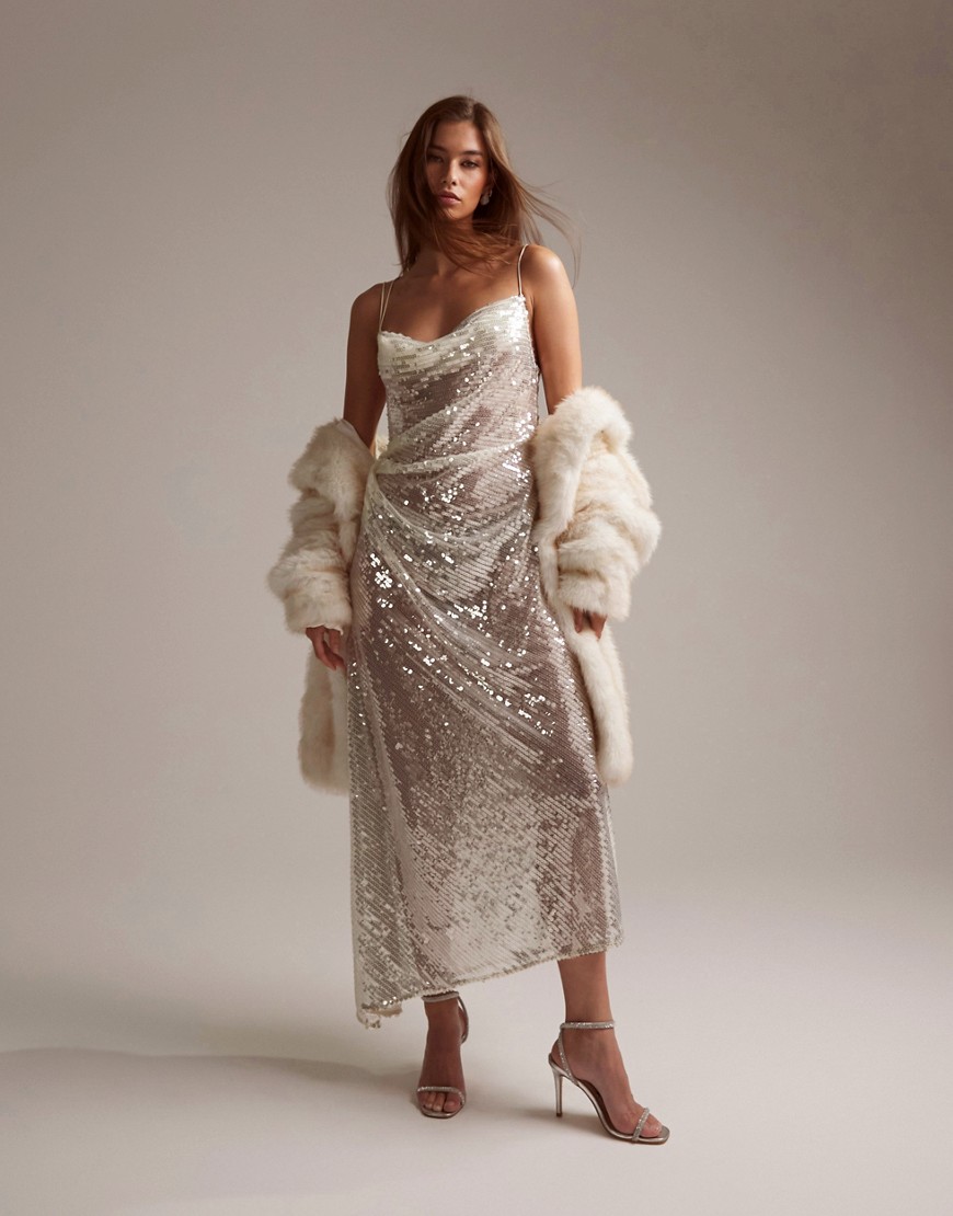bridal asymmetric bias draped cami midaxi dress in sheer sequin-White
