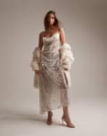 [ASOS DESIGN] ASOS DESIGN bridal asymmetric bias draped cami midaxi dress in sheer sequin-White 6 White