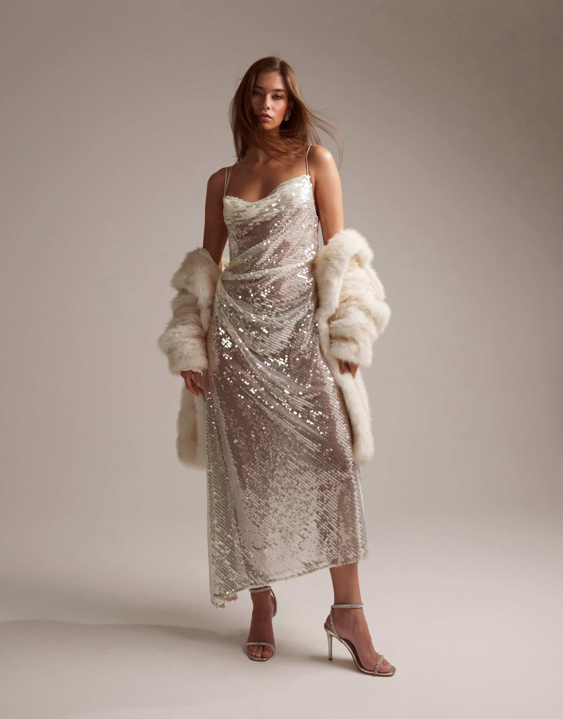 asos design bridal asymmetric bias draped cami midaxi dress in sheer sequin