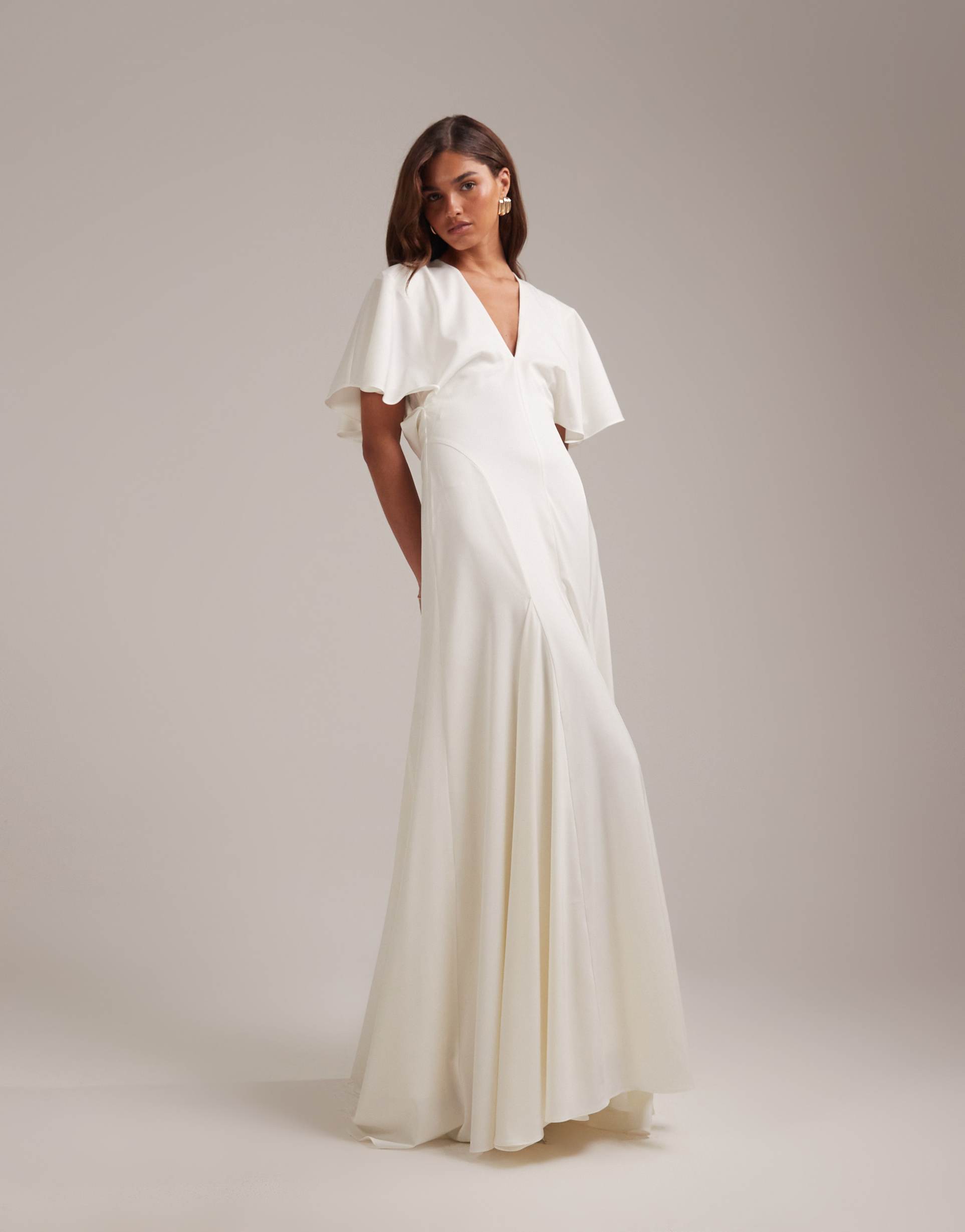 asos design bridal cape sleeve godet maxi dress in ivory