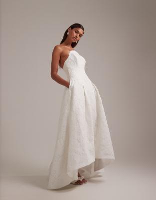 Asos Design Bridal Curved Strapless Neckline Lace Midi Dress In White