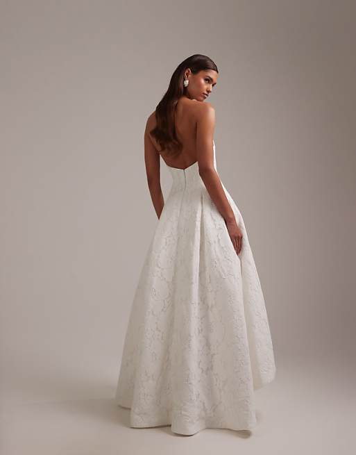 white midi wedding dress Selena Lace - $595 Our tea length dress is perfect for a modern bride who likes a touch of elegance ASOS DESIGN Bridal curved strapless
