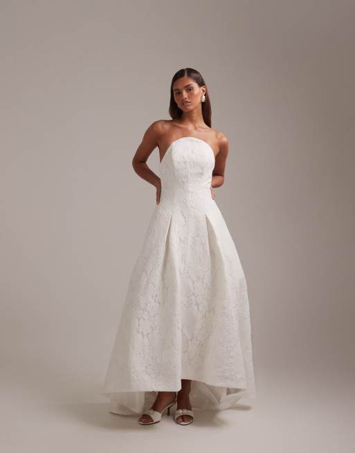 ASOS DESIGN Bridal curved strapless neckline lace midi dress in ivory, 3 of 5
