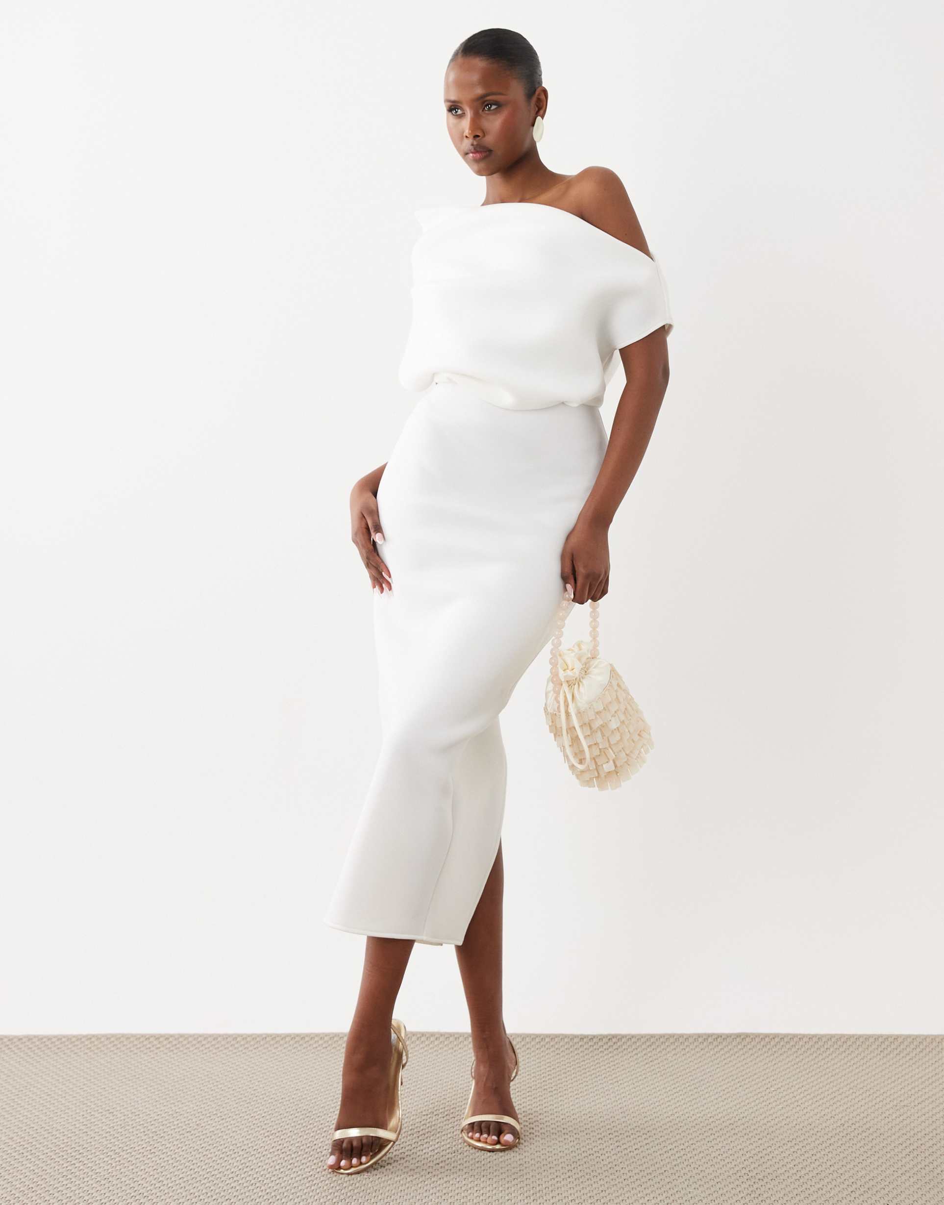 asos design bridal dramatic neckline midi dress in white scuba-style fabric
