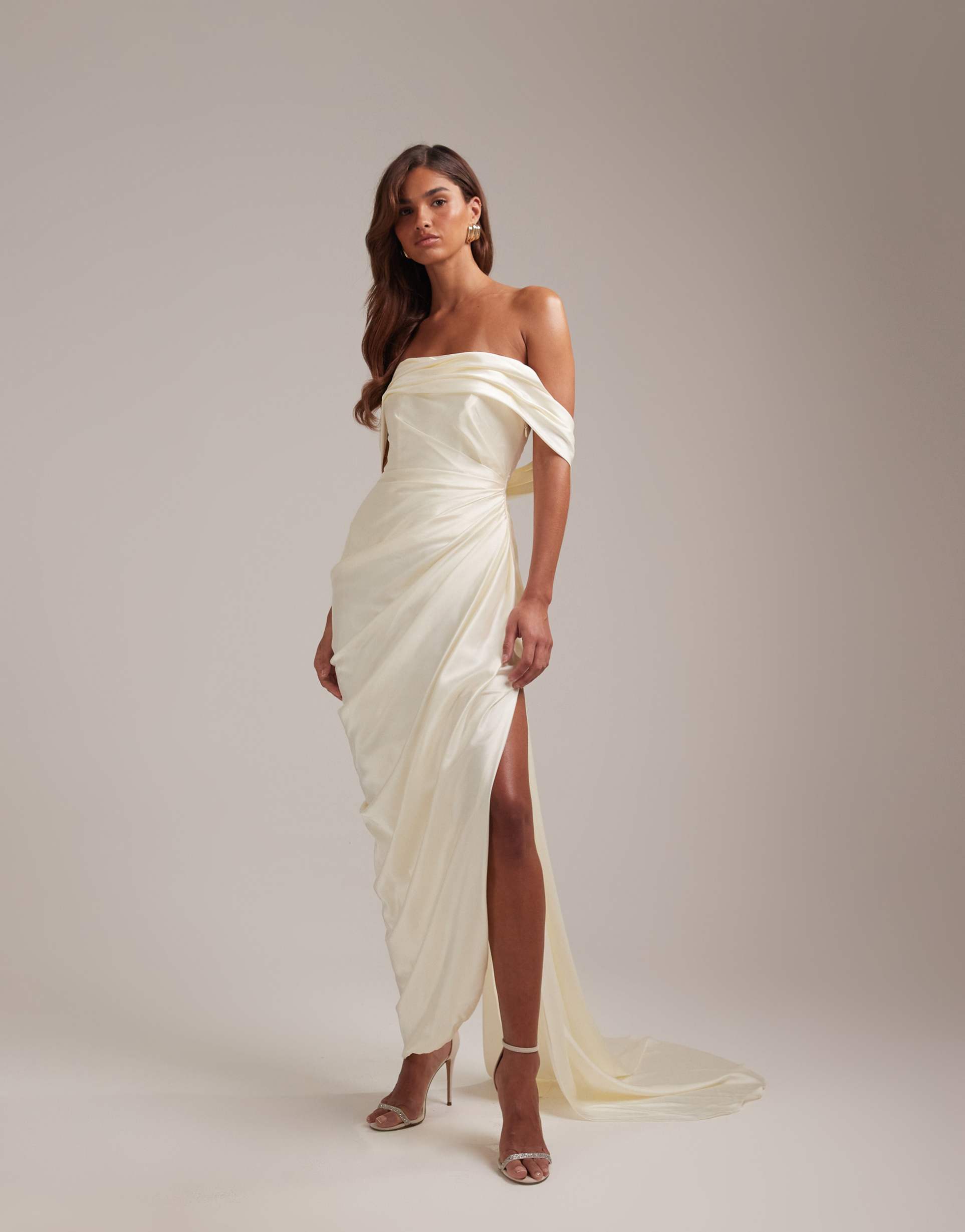 asos design bridal draped off the shoulder tie back wedding maxi dress