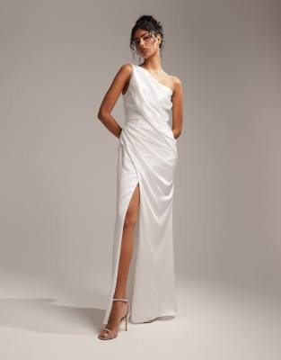 ASOS DESIGN - Bridal - Drapiertes Mini-Brautkleid aus Satin in Elfenbein mit One-Shoulder-Träger-Weiß