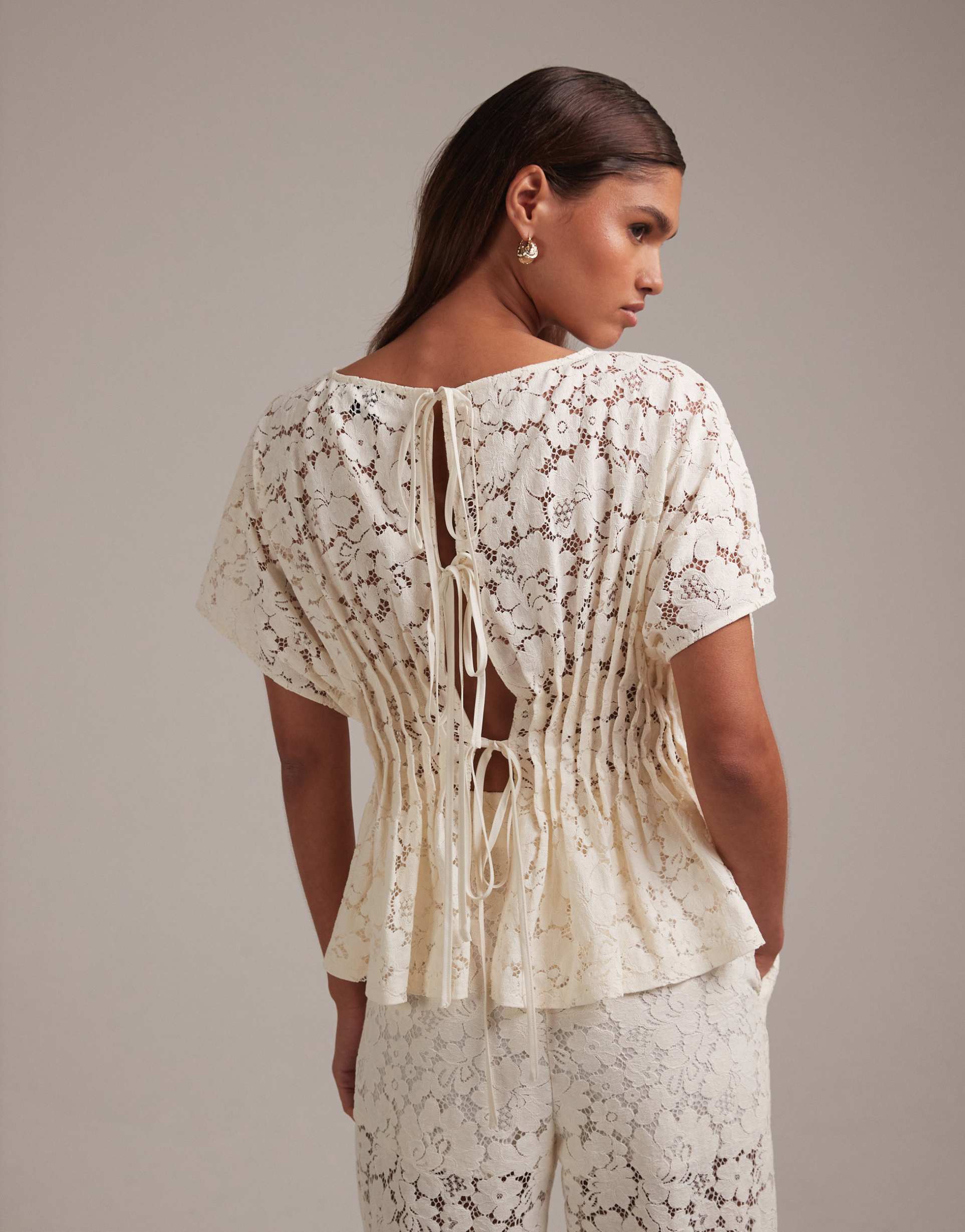 asos design bridal lace short sleeve top in cream - part of a set