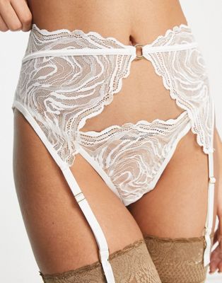 ASOS DESIGN Bridal metallic swirl lace suspender belt in white