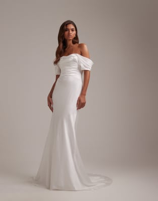 Asos Design Bridal Off The Shoulder Draped Satin Wedding Maxi Dress In White