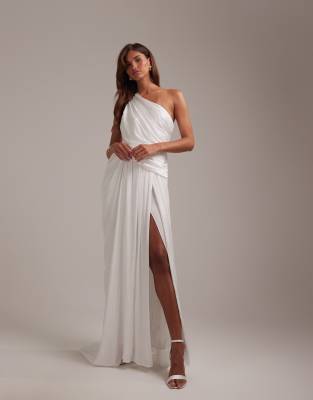 ASOS DESIGN Bridal one shoulder grecian inspired wedding dress in ivory-White