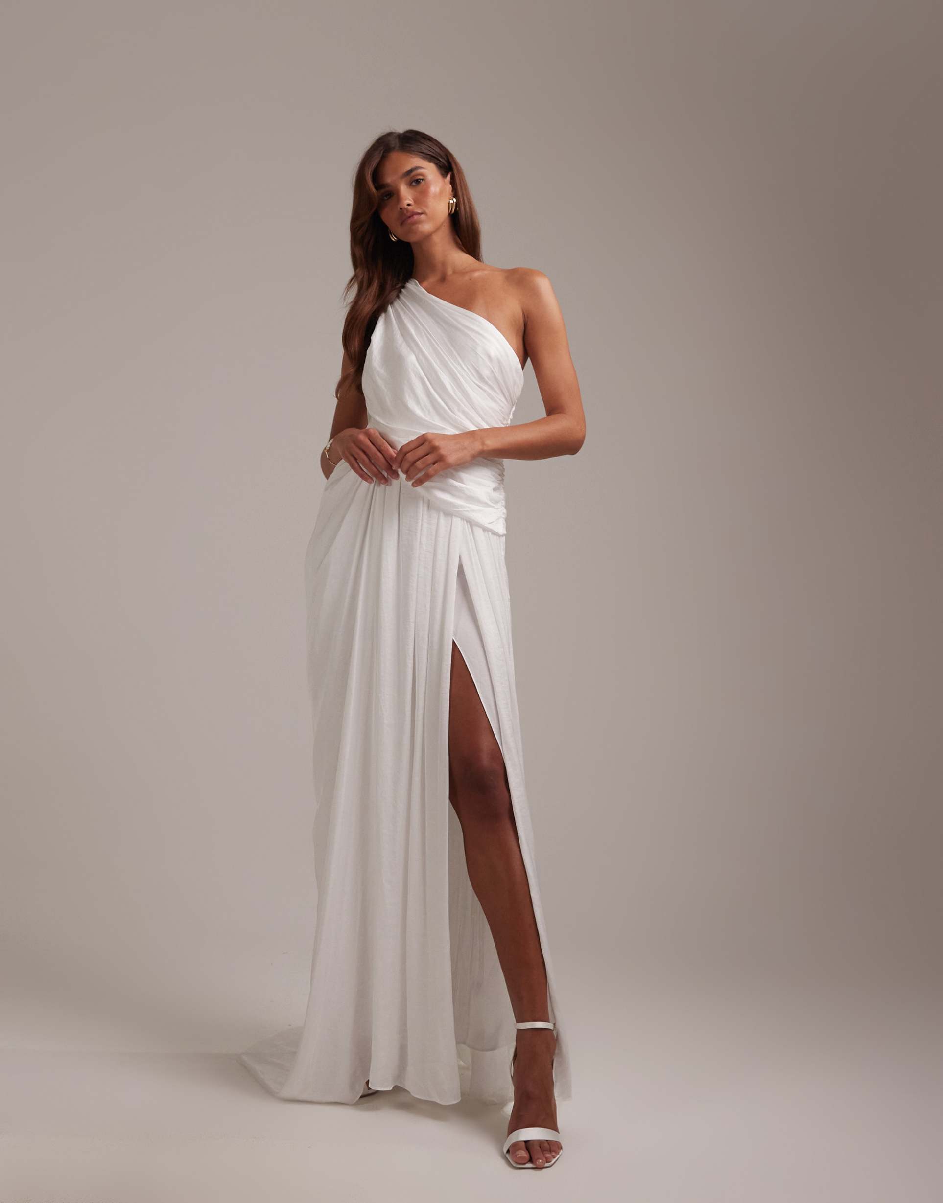 asos design bridal one shoulder grecian inspired wedding dress in ivory