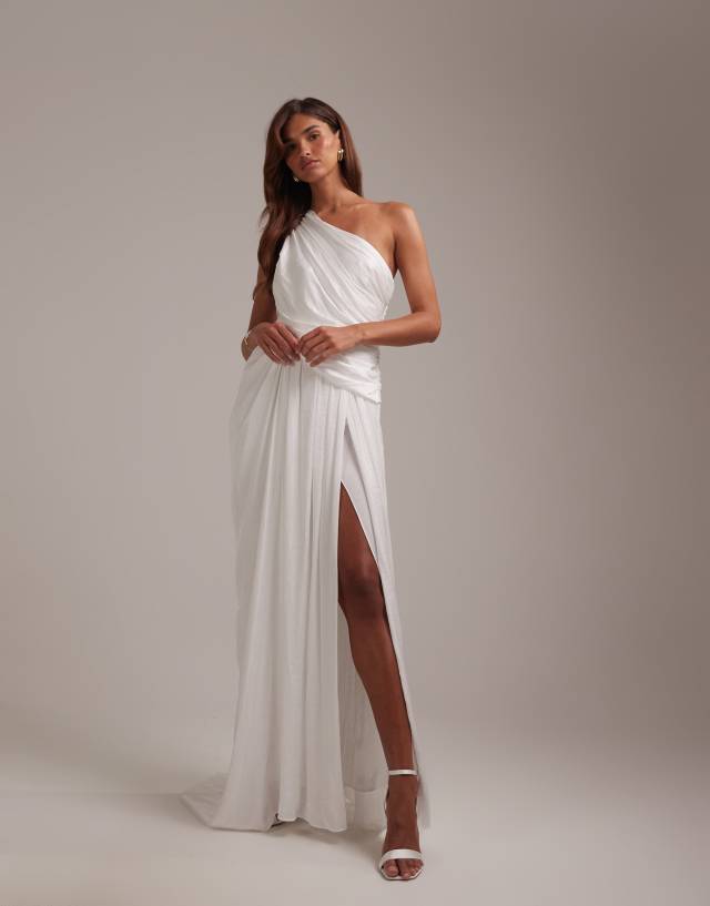 asos white bridesmaid dresses DESIGN Bridal one shoulder grecian inspired wedding dress in ivory Size:US6/UK10/EU38