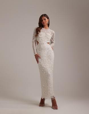 Asos Design Bridal Ornate Faux Pearl Embellished Column Wedding Maxi Dress With Cutaway Waist In White