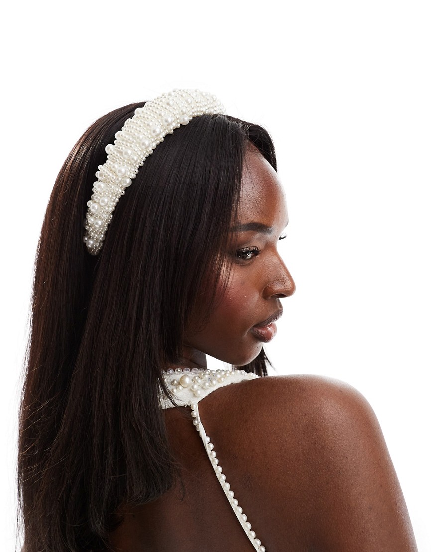 ASOS DESIGN bridal padded headband in all over pearl design-White