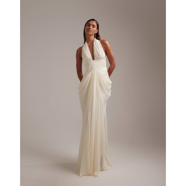 ASOS DESIGN Bridal plunge halter neck cinched waist wedding maxi dress with  train | ASOS