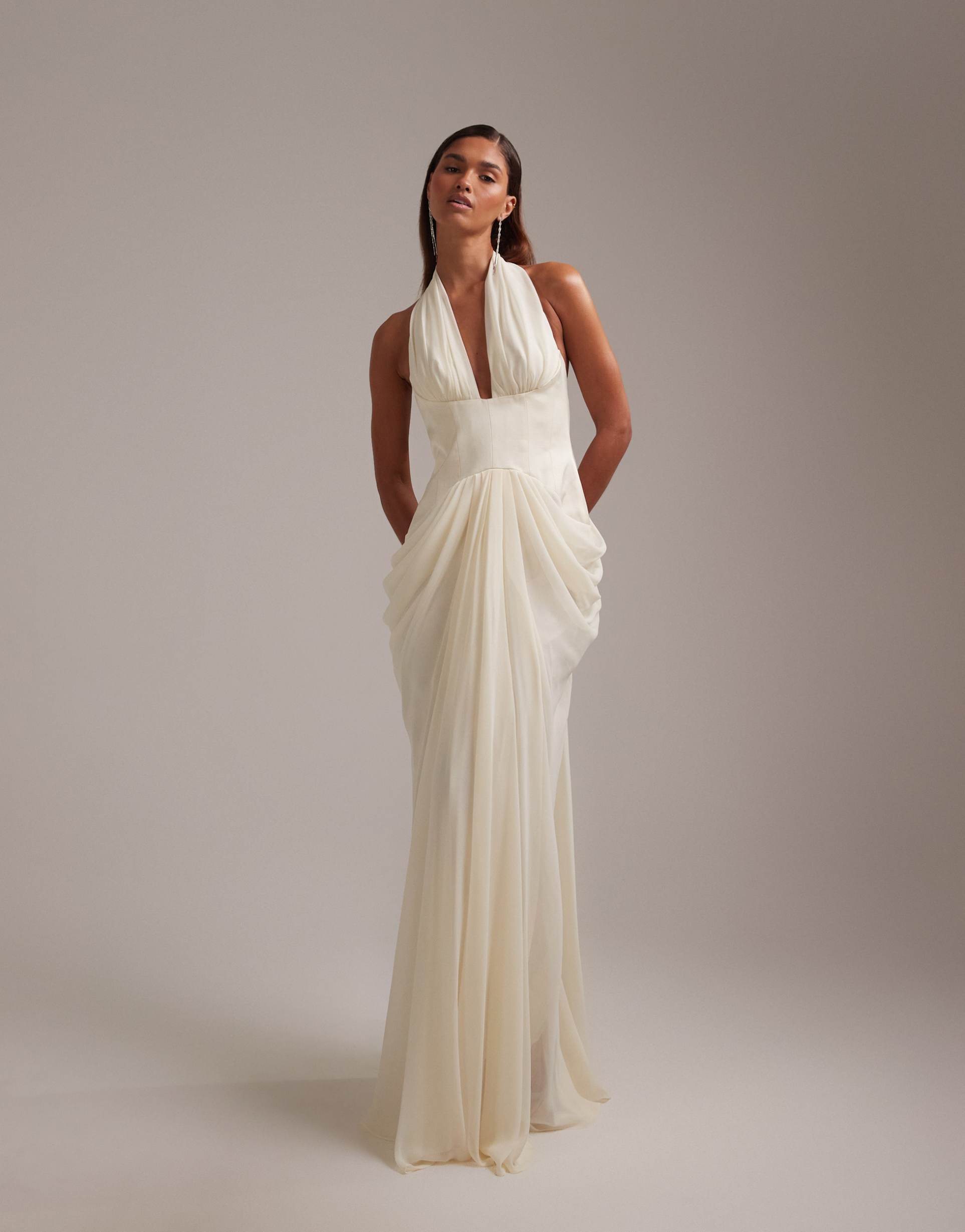 asos design bridal plunge halter neck cinched waist wedding maxi dress with train