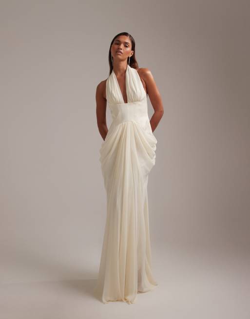 ASOS DESIGN Bridal plunge halter neck cinched waist wedding maxi dress with  train | ASOS