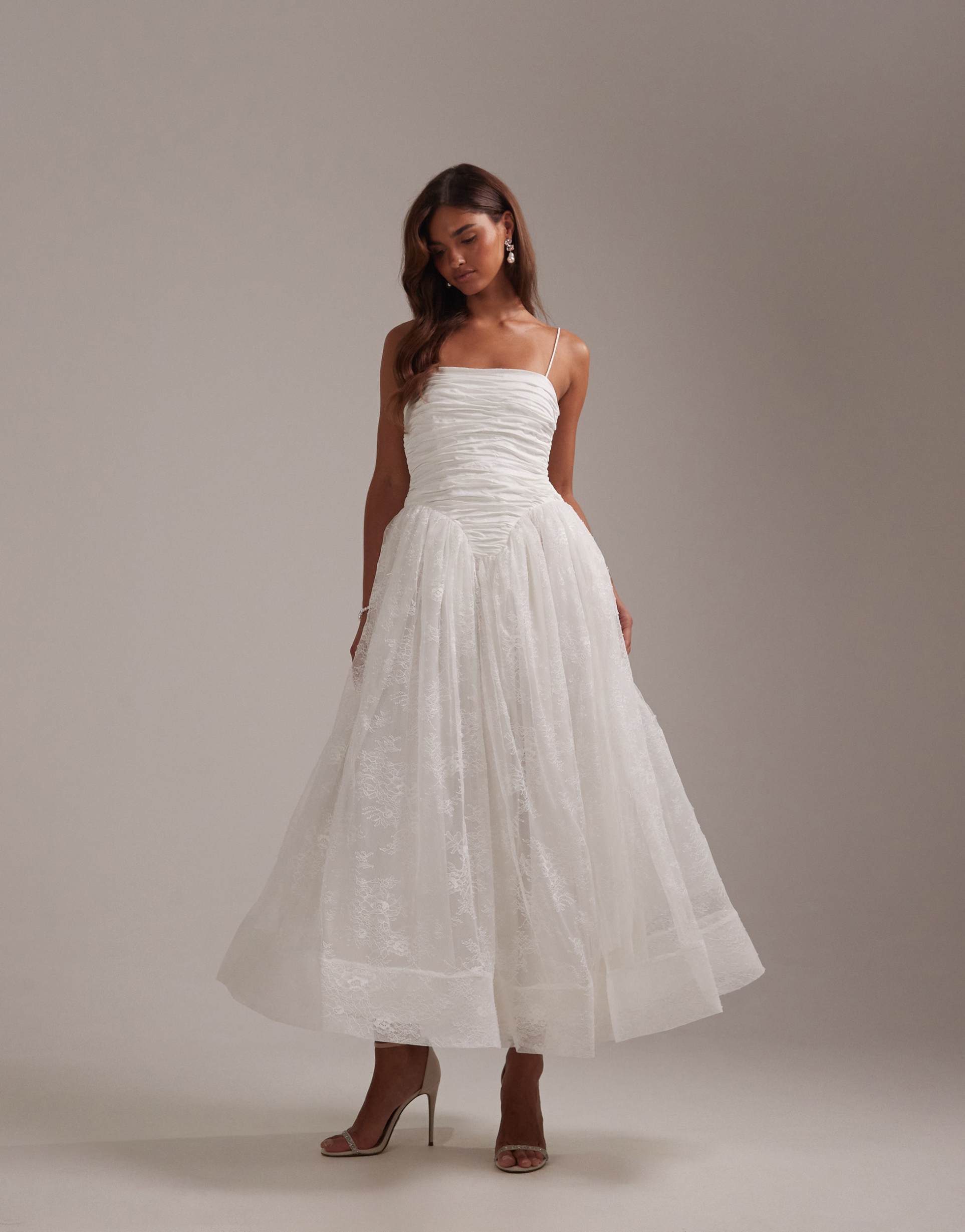 asos design bridal ruched bust cami wedding maxi dress with full lace skirt in ivory