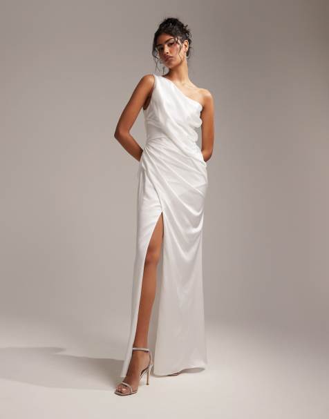 ASOS DESIGN Bridal satin one shoulder draped wedding dress in ivory - view 1
