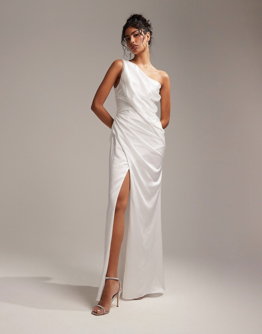ASOS DESIGN Bridal satin one shoulder draped wedding dress in ivory-White