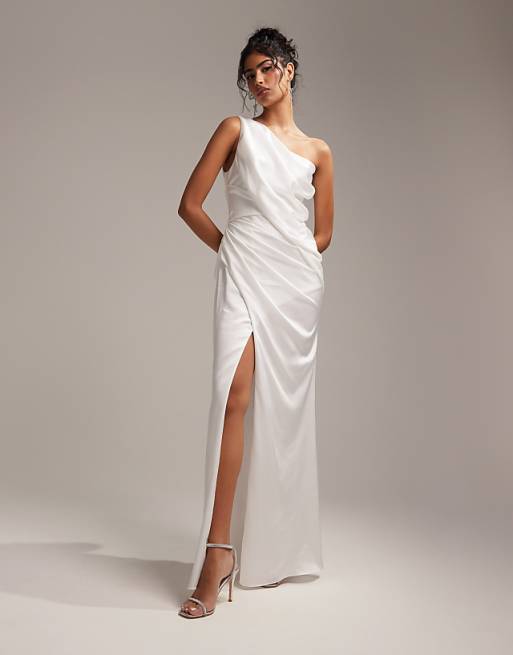 Satin One Shoulder Split Long Bridal Wedding Dress Satin One Shoulder Split Long Bridal Wedding Dress