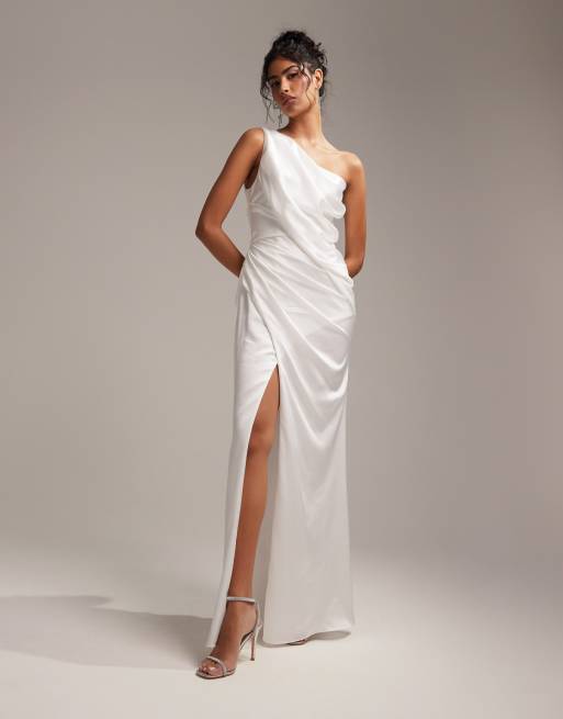 ASOS DESIGN Bridal satin one shoulder draped wedding dress in ivory