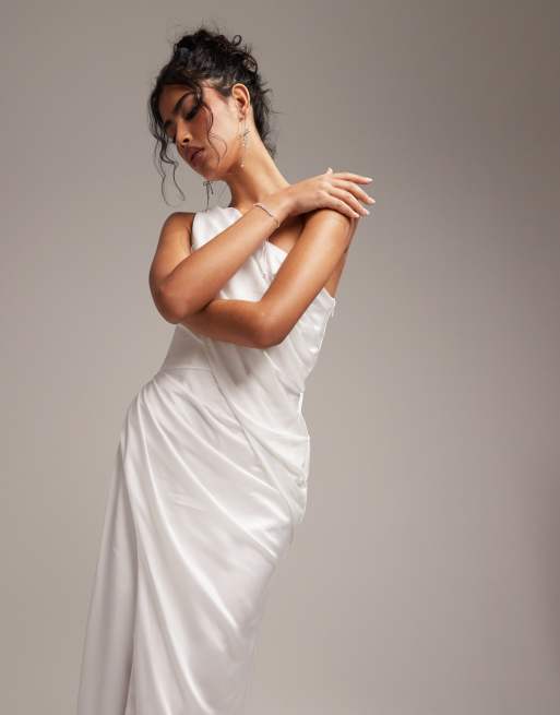 ASOS DESIGN Bridal satin one shoulder draped wedding dress in ivory