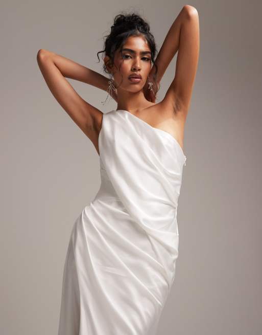 ASOS DESIGN Bridal satin one shoulder draped wedding dress in ivory, 5 of 6