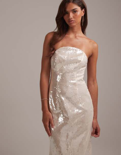 ASOS DESIGN bridal sequin crescent neckline bandeau column midaxi dress in silver - view 1