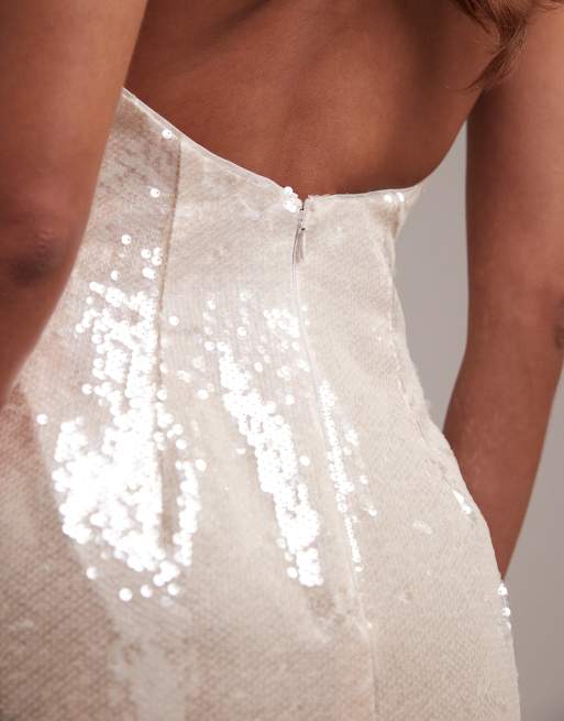 ASOS DESIGN bridal sequin crescent neckline bandeau column midaxi dress in silver, 4 of 6