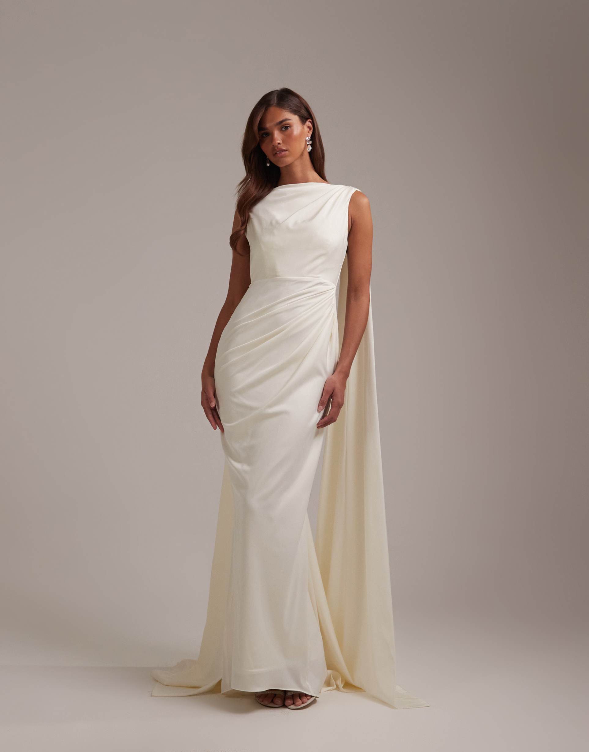 asos design bridal slash neck wedding dress with draped back and scarf detail in ivory
