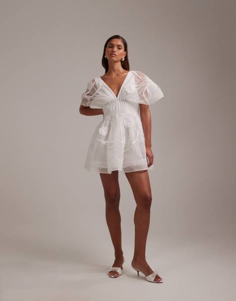 ASOS DESIGN Bridal – Ślubna sukienka mini z zaszewkami w talii i kwiatowym wzorem 3D w kolorze kości słoniowej - view 1