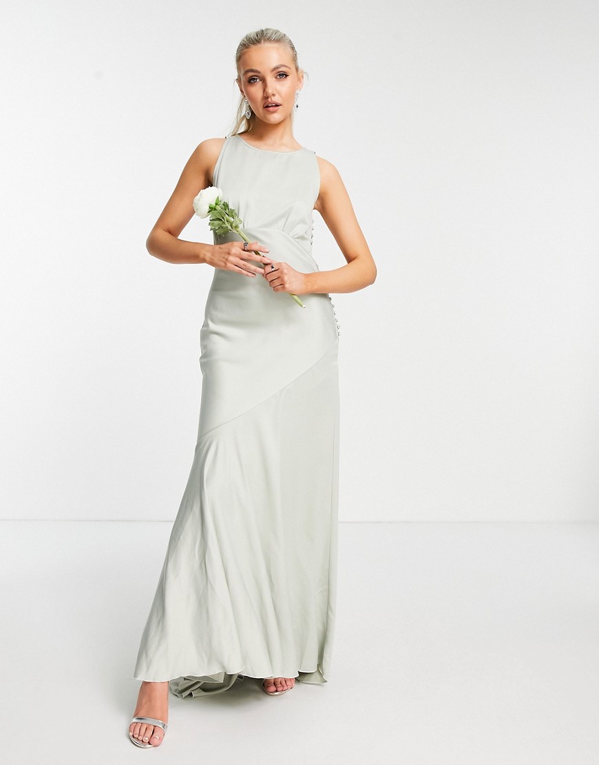 ASOS DESIGN Bridedmaid cowl back satin maxi dress with button side detail in olive-Green