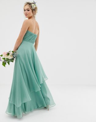 asos design bridesmaid maxi bandeau dress with soft layered skirt