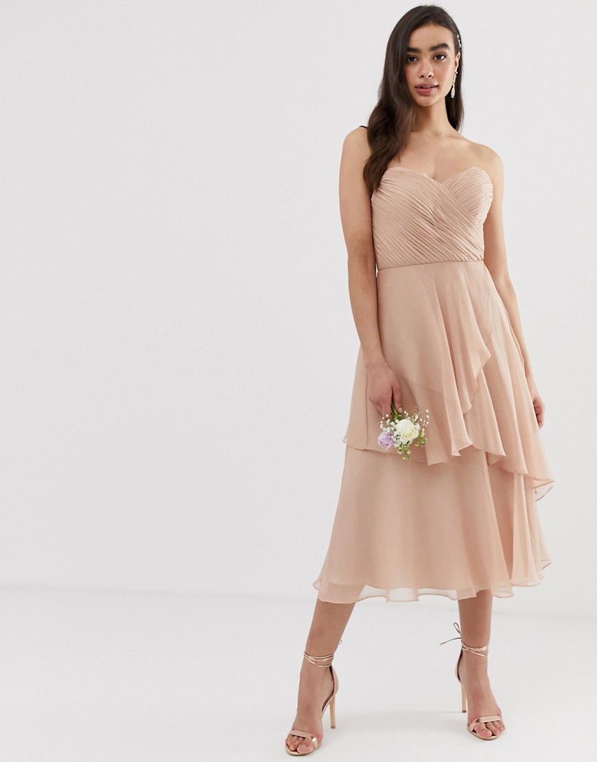 ASOS DESIGN Bridesmaid bandeau midi dress with soft layered skirt-Pink