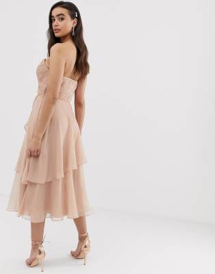 asos design bridesmaid maxi bandeau dress with soft layered skirt