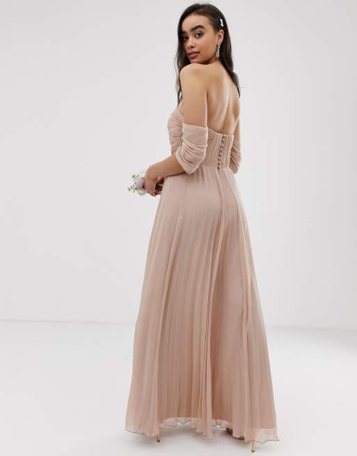 ASOS DESIGN Bridesmaid bardot ruched pleated maxi dress, 2 of 4