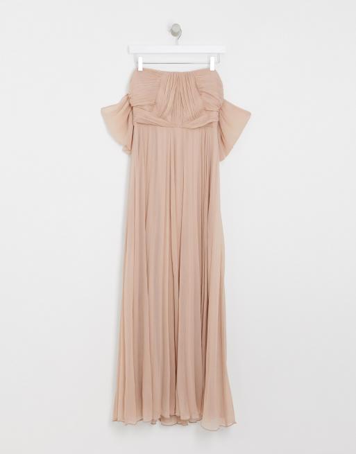 ASOS DESIGN Bridesmaid bardot ruched pleated maxi dress, 3 of 4