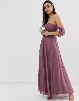 ASOS DESIGN Bridesmaid bardot ruched pleated maxi dress | ASOS