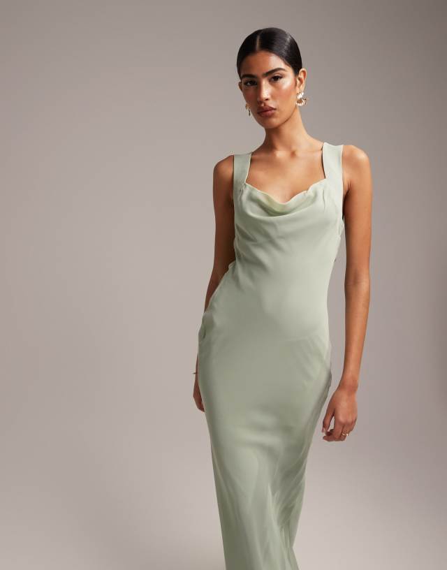 ASOS DESIGN Bridesmaid bias cut maxi dress with lace up back detail in sage