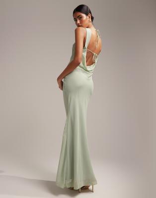 ASOS DESIGN Bridesmaid bias cut maxi dress with lace up back detail in sage