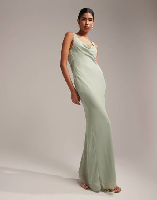 ASOS DESIGN Bridesmaid lace-up back maxi slip dress in sage green