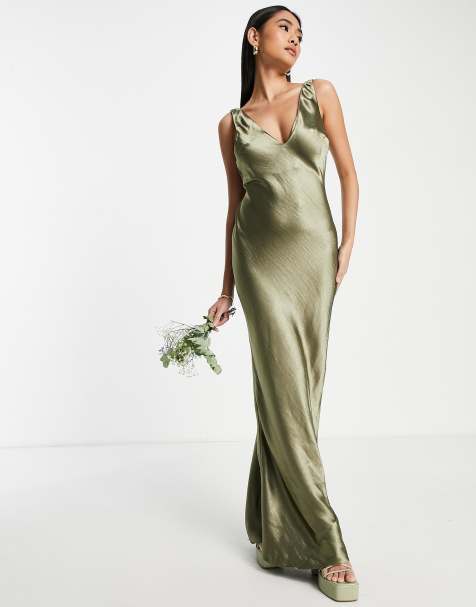ASOS DESIGN Bridesmaid bias cut satin maxi slip dress with soft v neckline detail