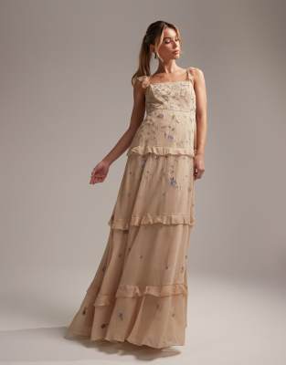 Shop Asos Design Bridesmaid Cami Embellished Maxi Dress With Embroidery In Champagne-white