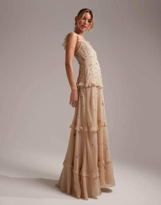 ASOS DESIGN Bridesmaid cami embellished maxi dress with embroidery in champagne