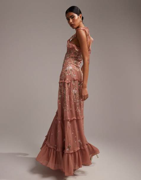 Strapless Overlay Bodice Crepe Maxi Bridesmaid Dress With Front Slit In  Powder Pink