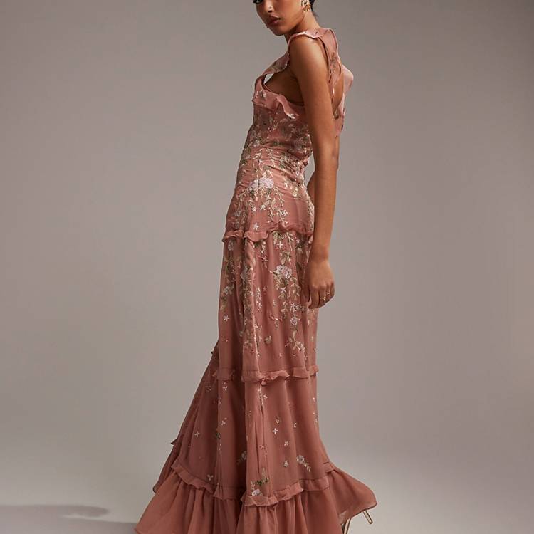 ASOS DESIGN Bridesmaid cami embellished maxi dress with embroidery in rose
